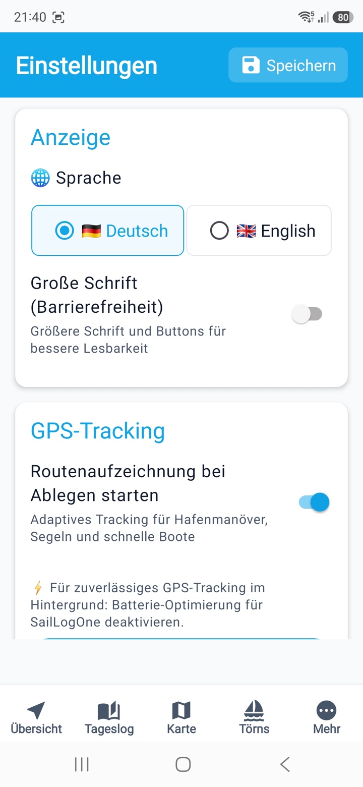 Einstellungen für adaptives GPS-Tracking in SailLogOne