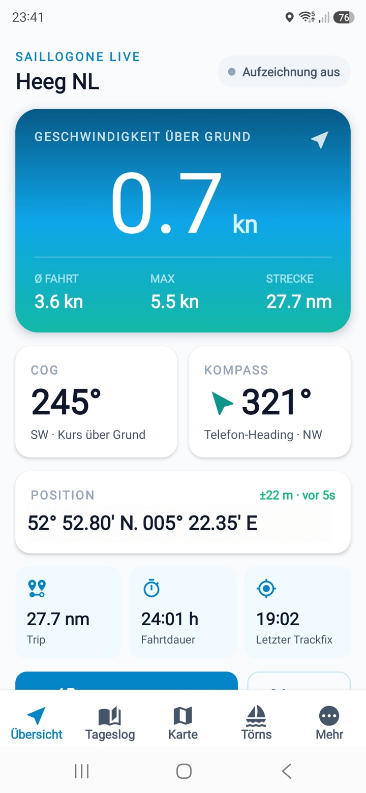 SailLogOne Live-Übersicht mit SOG, COG, Kompass und neuer Position