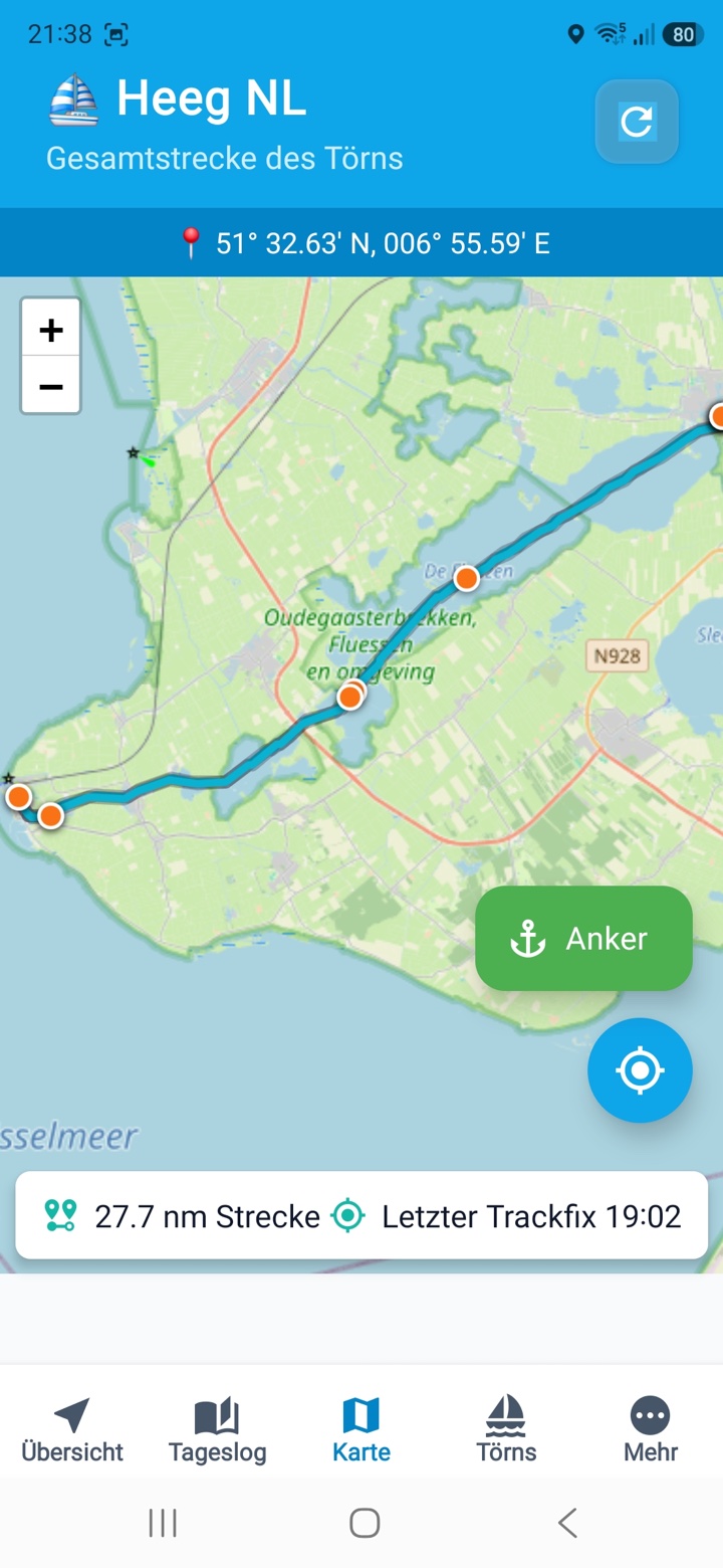 SailLogOne Törnkarte mit aufgezeichneter Route